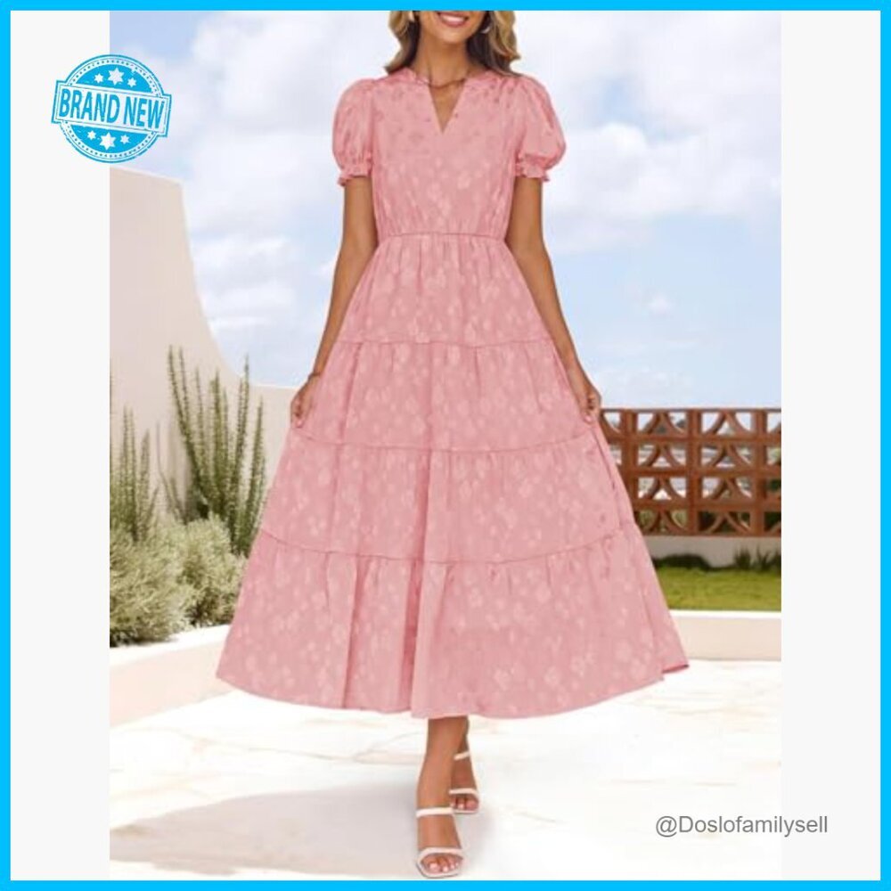 Floral Textured Midi Dress Puff Sleeve V Neck Ruffle Chic Summer Party Wear - Picture 2 of 7
